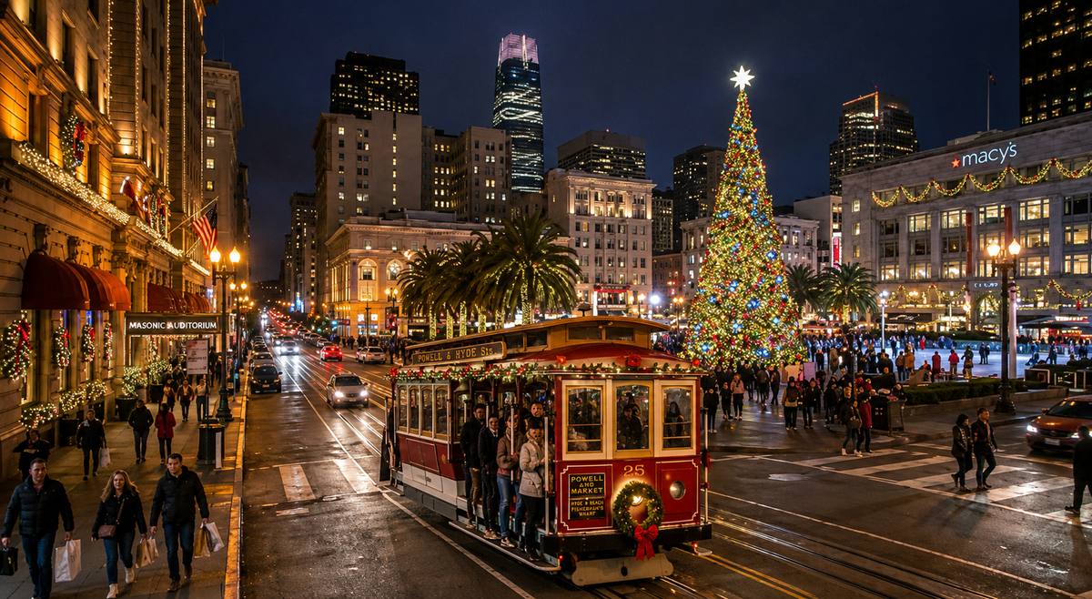 San Francisco Union Square at Christmas with holiday lights and cable car